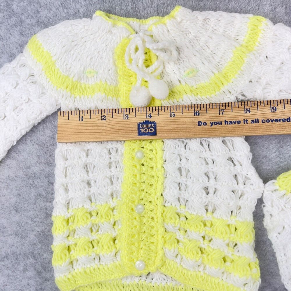 Vintage Handmade Yellow White Knit Baby Set Outfit Dress  Booties Bonnet Doll - Picture 9 of 14